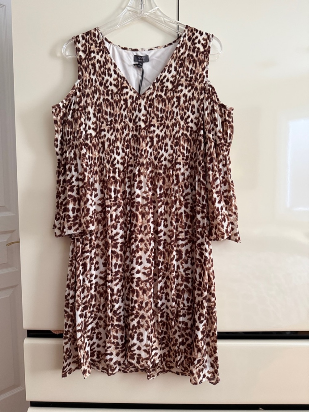 Cold-Shoulder Midi Dress in Brown Animal Print Flowy Dress Light and Cute